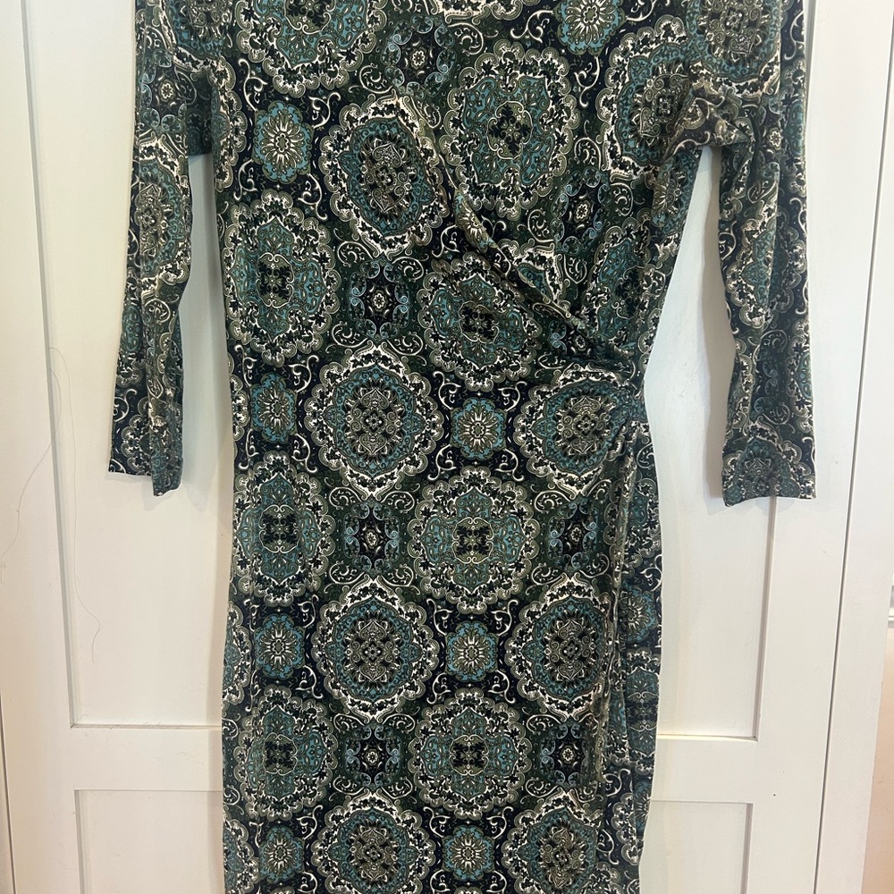 Talbots Green and Black Paisley 3/4 Sleeve Dress